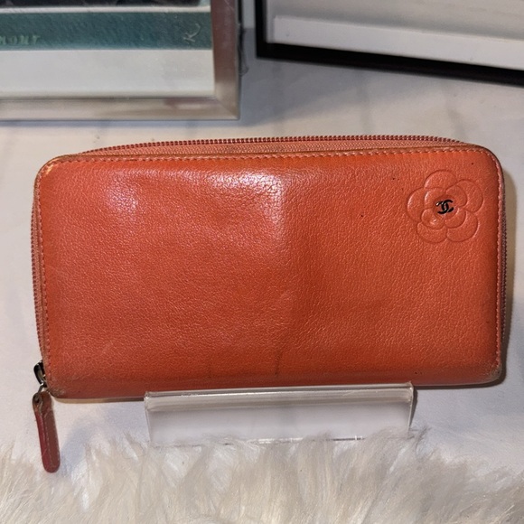 Authentic CHANEL Zip Around Long Wallet Purse Camellia Leather Orange GUC - Picture 3 of 12